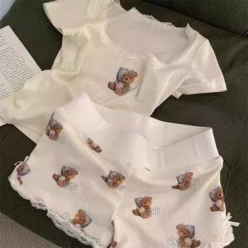 Так рад видеть Синьба! Милая пижама с кружевом и принтом медведя, женская летняя сексуальная домашняя одежда, облегающие шорты Apricot shorts-Single Piece S