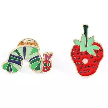 Take a Bite Strawberry Brooches Fruit Metal Badge Hungry Caterpillar Enamel Brooches Jewelry Caterpillar