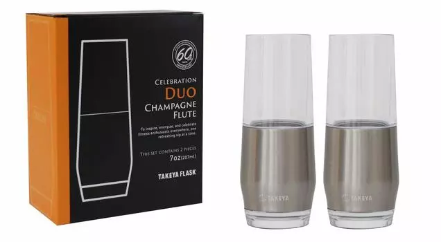 Takeya Official Set of 2 Stainless Steel Clear Glasses 207ml Boxed Plastic Vacuum Insulated Double Structure TAKEYA FLASK Duo Champagne Flute