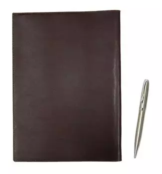 Takizawa Recycled Cowhide B5 Book Notebook Cover in Brown with Elegant Silver Rotating Ballpoint Pen Set & (T23-B5-005C-LF01CB)