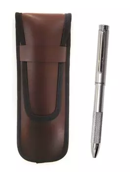 Takizawa Slim Synthetic Leather Pen Case Brown All Metal 2 Color Rotating Notch Grip Ballpoint Pen Set 3 Pack T23-KBSC-2CMM-3