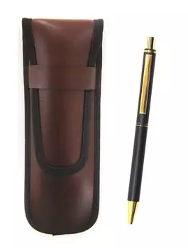 Takizawa Slim Synthetic Leather Pencil Case Brown NQ25 Standard Size Metal Straight Knock Double Anodized Ring Ballpoint Pen Set Black 3 Pack