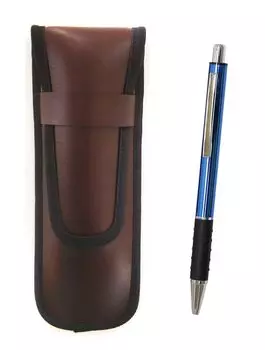 Takizawa Slim Synthetic Leather Pencil Case Brown Metal Pitch Grip Ballpoint Pen Set Blue 5 Pack & T23-KBSC-WZ2067BP-L-5