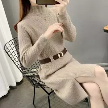 Талия тонкая средняя и длинная свитер женская осень корейская версия иностранного стиля трикотажное платье-подвязка модная Европа и Соединенные Штаты S