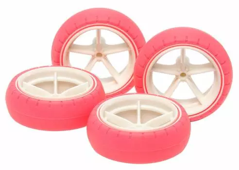 Tamiya Mini 4WD Special Project Product Узкая усиленная колесная бочкообразная шина большого диаметра Флуоресцентно-розовая 95460 и