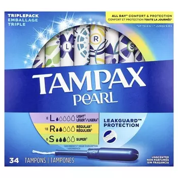 Tampax, тампоны Pearl, тройная упаковка, легкие/обычные/супер, без запаха, 34 тампона
