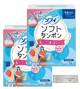 Тампоны Sofy Soft Regular 2 шт. x 2 Тампона Гигиенические средства Набор Unicharm Влажные салфетки включены Регулярные поставки Пробные (34 штуки)