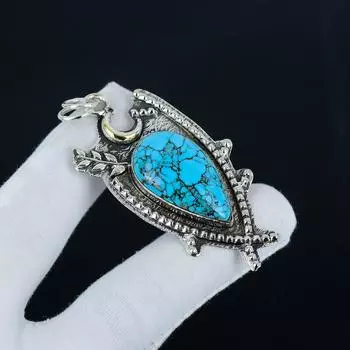 Tanabata Turquoise Gemstone Silver Pendant in 925 Sterling Silver- Handmade Design, Everyday Wear Jewelry, Unique Pendant Father s Day Gift 2.55 зелёный