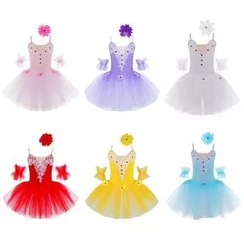 Танцевальное платье-пачка без рукавов для девочек, регулируемые бретельки, кружевная сетка со стразами, юбка, головной убор, манжеты, комплект 13-14 Years розовый