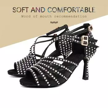 Танцевальные туфли на высоком каблуке с бриллиантами, блестящие элегантные танцевальные туфли для латиноамериканского танго, вальса для женщин 6cm-34 чёрный