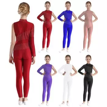 Танцевальный комбинезон на одно плечо для девочек, блестящие стразы, художественная гимнастика, фигурное катание, джаз-балет, боди, полная длина, купальник 5-6 Years светло-коричневого