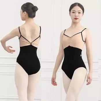 Танцевальный костюм женский балетный тренировочный костюм контрастного цвета гимнастический костюм подтяжки талия комбинезон S чёрный/телесный