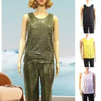 Танцевальный жилет с нашивкой и блестками, одежда без рукавов, эластичные топы для мужчин и женщин, блестящая привлекательная кофточка для сценических танцев M золотистый