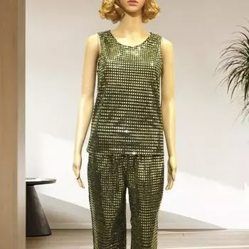 Танцевальный жилет с нашивкой и блестками, одежда без рукавов, эластичные топы для мужчин и женщин, блестящая привлекательная кофточка для сценических танцев M золотистый