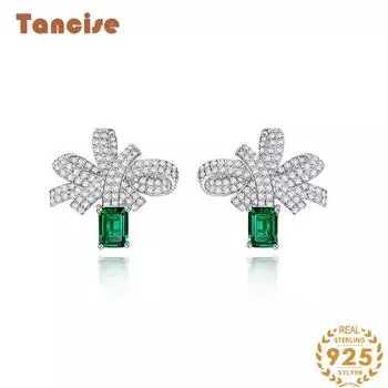 Танциз 5*7 ювелирные изделия серьги из синтетического изумруда ручной набор высокоуглеродистые бриллианты элегантные ретро серьги из стерлингового серебра S925 зелёный