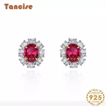 Танциз 7*9 S925 Серьги из чистого серебра для ногтей в стиле ретро с бриллиантами красный