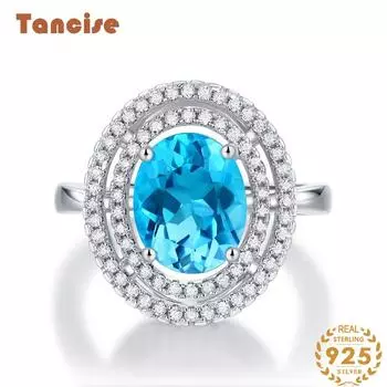 Танциз женское классическое кольцо из стерлингового серебра 925 пробы с синтетическим топазом женские украшения свадебное обещание вечерние подарок 3CT морской синий