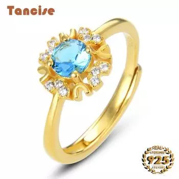 Танцизное кольцо с сапфиром и цирконом, открытые кольца для женщин, ювелирные украшения, свадебные подарки, золотой цвет