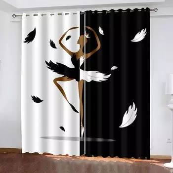 Танцующая балерина Черно-белые мультяшные шторы на окна в детской спальне Гостиной Зале Декор для кухни Шторы Жалюзи W50 X H130(CM)X2&Hook