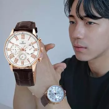 [Tandy] Классические мужские многофункциональные кожаные часы 1712 Rose Brown ([Тэнди] предоставлена сумка для покупок),Корейские популярные часы