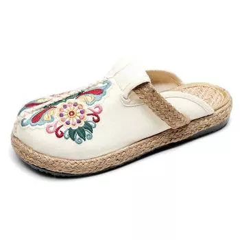 Tang Chen 5021 Этнический стиль Тренд Ткань Туфли Женские Старинный Стиль Сетка Вышитые Женские Туфли Поставка Ручной Работы Обувь 44 бежевый