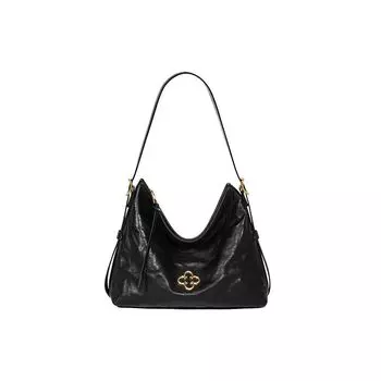 Tang Jiuzhou Same Hobo Underarm Tote Bag 2025 New High-Grade Pleated Vegetable Tanned Cowhide Shoulder Over-the-shoulder Bag Classy Black Gold Label