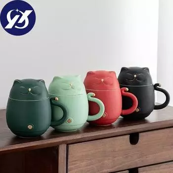 Tang Pincha - Керамическая чайная чашка Lucky Cat с заварочным устройством, кофейная чашка, чашка для чая с молоком, набор для питья, чашка для воды, уникальный дизайн, подарок для домашнего офиса, чашка для воды красный