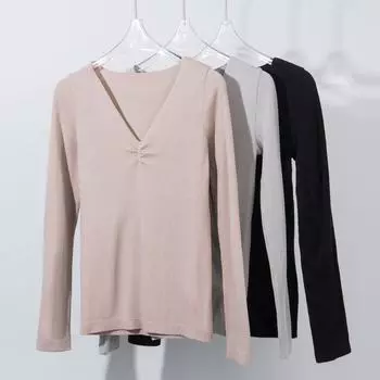 Tangge Women s Silk V-Neck Pleated Long-Sleeve Top - High Elasticity, Seamless, Mulberry Silk, Autumn/Winter Warmth L-XL розовый