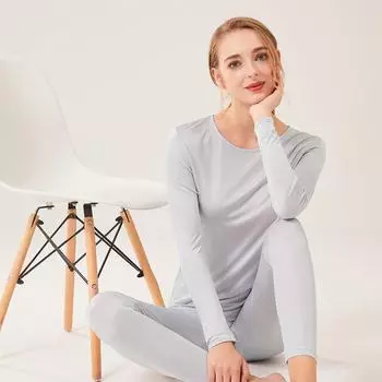 Tangge женский комплект из натурального шелка с длинными рукавами и леггинсов - осенняя домашняя одежда XL серый