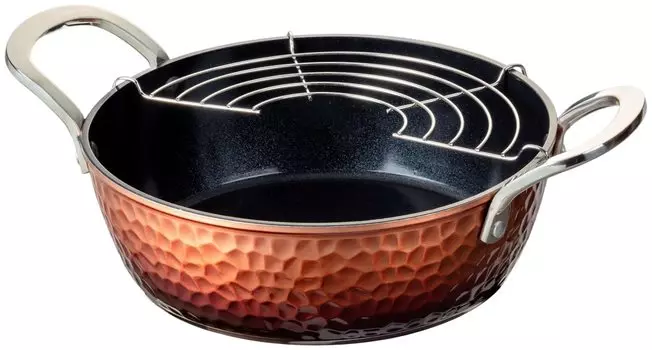 Taniguchi Metal Hammered Forged Tempura Pot with Half Moon Gas Fire PFOA Free Screen, 22cm, IH, Compatible, PFOS, бронзовый