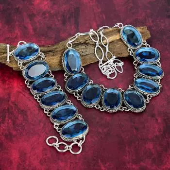 Танзанит 925 Твердый комплект ювелирных изделий из стерлингового серебра, великолепное ожерелье и браслет ручной работы, комплект ювелирных изделий из драгоценных камней новейшего дизайна для женщин Adjustable With 8 -18 BB- синий