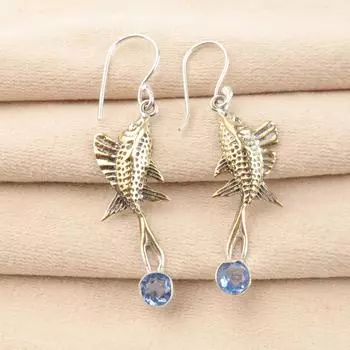 Танзанит Драгоценный Камень 925 Стерлинговое Серебро Ювелирные Изделия Ручной Работы Двухцветные Серьги 2.17 EE-148-14