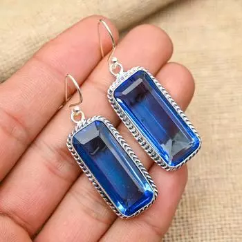 Танзанит драгоценный камень стерлингового серебра 925 пробы ювелирные изделия ручной работы серьги для свадебного подарка 2.Inches синий