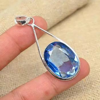 Танзанит Красивый драгоценный камень ручной работы Твердый 925 пробы Серебряный кулон Свадебный подарок 2.16 Inches синий