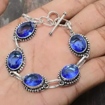 Танзанит Кварц Драгоценный камень Твердый браслет из стерлингового серебра 925 пробы ручной работы Замечательный браслет 7-8 синий