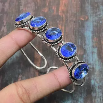 Танзанитовый кварцевый драгоценный камень ручной работы стерлингового серебра 925 пробы Браслет-манжета, регулируемый для нее Adjustable синий