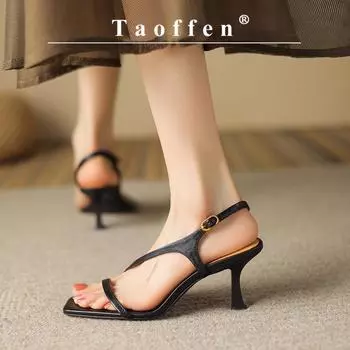 Taoffen/Модные женские сандалии на тонком каблуке, современные сандалии ручной работы с открытым носком и квадратным носком, обувь на узком каблуке с пряжкой и пяткой сзади 36 чёрный