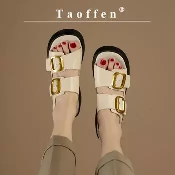 Taoffen/Новые повседневные женские сандалии из натуральной кожи, римские сандалии на толстой подошве, летняя пляжная обувь с металлической пряжкой, праздничная женская обувь 34 чёрный