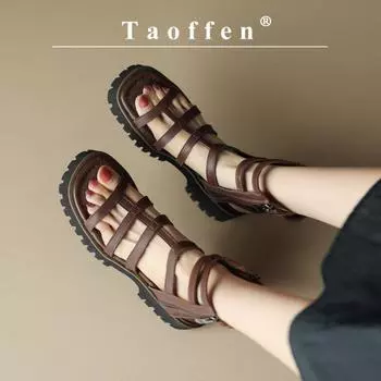 Taoffen/Новые женские сандалии из натуральной коровьей кожи, женские сандалии Roma на блочном среднем каблуке с открытым носком в стиле ретро, обувь на молнии с ремешком на щиколотке 35 чёрный