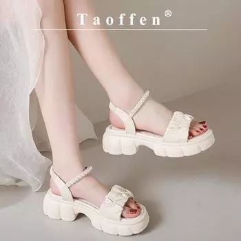 Taoffen Повседневные сандалии для женщин, дышащие открытые носки, сандалии с жемчугом, легкие, мягкие, с эластичной резинкой, толстая подошва, увеличивающая рост, женская обувь 35 бежевый