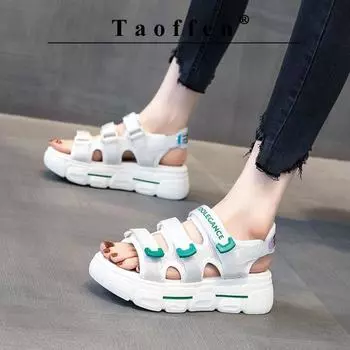 Taoffen повседневные сандалии для женщин, дышащие парусиновые сандалии на липучке с открытыми пальцами, легкие мягкие повседневные туфли на толстой подошве, увеличивающие рост 35 бежевый