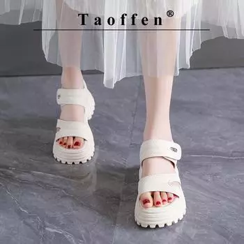 Taoffen повседневные сандалии для женщин, дышащие сандалии с открытым носком, легкая мягкая обувь на липучке и толстой подошве, увеличивающая рост 35 бежевый