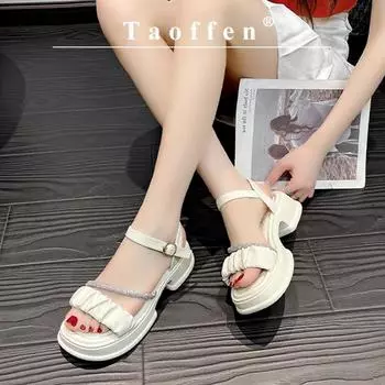 Taoffen повседневные сандалии для женщин, дышащие сандалии с открытым носком и пряжкой, плиссированная легкая обувь на мягкой толстой подошве, увеличивающая рост 35 бежевый