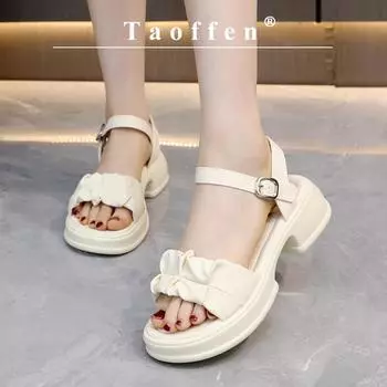 Taoffen повседневные сандалии для женщин, дышащие сандалии с открытым носком и пряжкой, плиссированные легкие женские туфли на мягкой толстой подошве, увеличивающие рост 35 бежевый