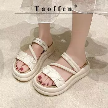 Taoffen Повседневные сандалии для женщин, дышащие тапочки с пряжкой и открытыми пальцами, легкая обувь на мягкой эластичной ленте, увеличивающая рост на толстой подошве 35 бежевый