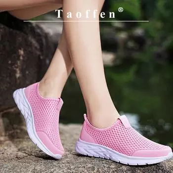 Taoffen Повседневные женские кроссовки без шнуровки, дышащая спортивная обувь из летающей ткани, нескользящая текстильная женская обувь на мягкой подошве для поездок на работу 36 розовый