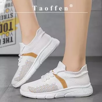 Taoffen Повседневные женские кроссовки на шнуровке, дышащая женская обувь из летающей ткани, нескользящая текстильная спортивная обувь на мягкой подошве для поездок на работу 36 чёрный
