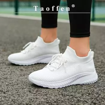 Taoffen Повседневные женские кроссовки на шнуровке, дышащая женская обувь из летающей ткани, нескользящая текстильная спортивная обувь на мягкой подошве для поездок на работу 36 чёрный