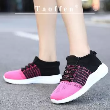 Taoffen Повседневные женские кроссовки на шнуровке, дышащая летящая ткань, лоскутная женская обувь, мягкая подошва, противоскользящая текстильная спортивная обувь для поездок на работу 36 чёрный