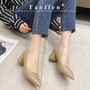 Taoffen повседневные женские туфли-лодочки с шитьем из ниток, модные мягкие повседневные офисные женские туфли на высоком каблуке с острым носком на низком каблуке 35 чёрный